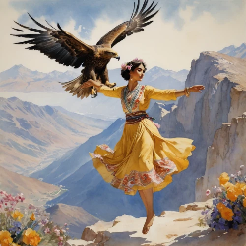 falconer,flower and bird illustration,falconry,flying girl,southwestern,pocahontas,inca dove,eagle illustration,the spirit of the mountains,fantasy picture,flying birds,mountain hawk eagle,mountain spirit,bird bird-of-prey,bird flight,aztec gull,orientalism,fantasy art,world digital painting,little girl in wind,Illustration,Paper based,Paper Based 23