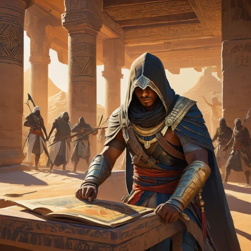 karnak,merzouga,game illustration,massively multiplayer online role-playing game,biblical narrative characters,the wanderer,merchant,cg artwork,hooded man,middle eastern monk,guards of the canyon,tabletop game,orientalism,prejmer,nomad,monks,horus,ancient city,assassin,prayer book,Illustration,Retro,Retro 03