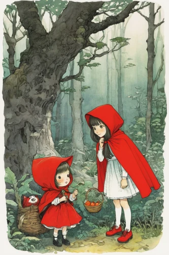 little red riding hood,red riding hood,children's fairy tale,red coat,kate greenaway,fairytale characters,toadstools,fairy tale icons,fairy tales,happy children playing in the forest,fairy tale character,toadstool,fairy tale,acerola,book illustration,fairy forest,mushroom hat,a fairy tale,red cape,red hat,Illustration,Japanese style,Japanese Style 10