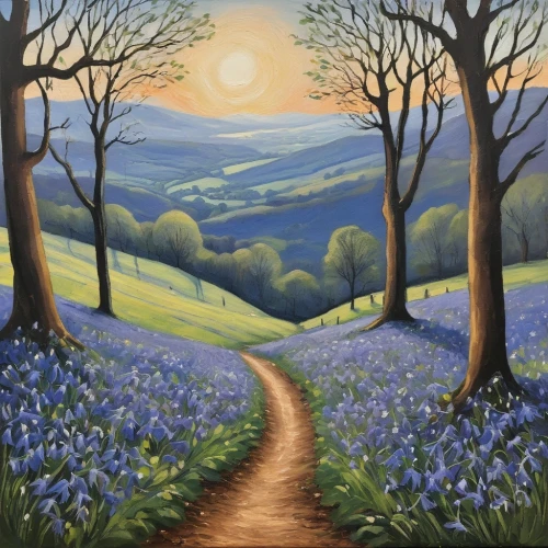 bluebells,bluebell,pathway,beautiful bluebells,hare trail,carol colman,daffodil field,hiking path,footpath,tommie crocus,orchard meadow,forest road,purple landscape,tree lined path,forest path,hollow way,the mystical path,the path,hare field,springtime background,Art,Artistic Painting,Artistic Painting 47