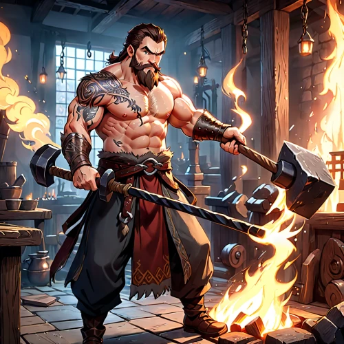 blacksmith,dane axe,barbarian,game illustration,thorin,male character,fire background,cg artwork,grog,raider,hercules,fire master,pirate,massively multiplayer online role-playing game,xing yi quan,konstantin bow,brawny,craftsman,fantasy warrior,game art,Anime,Anime,General