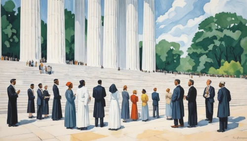us supreme court,lincoln memorial,supreme court,us supreme court building,jefferson memorial,contemporary witnesses,thomas jefferson memorial,school of athens,lincoln monument,abraham lincoln memorial,seven citizens of the country,jefferson monument,clergy,court of justice,church painting,tidal basin,justitia,doric columns,kennedy center,solemnly,Conceptual Art,Oil color,Oil Color 08
