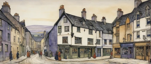 lovat lane,david bates,the cobbled streets,falkland,stirling town,shaftesbury,townscape,medieval street,old street,edinburgh,eastgate street chester,edward lear,narrow street,braque saint-germain,saint andrews,york,george russell,fife,street scene,st andrews,Illustration,Retro,Retro 05