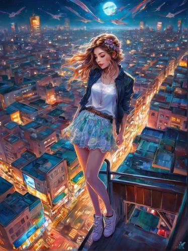 above the city,world digital painting,fantasy picture,cityscape,city lights,high-wire artist,merida,sci fiction illustration,fantasy city,la violetta,on the roof,night scene,buenos aires,rooftops,city ​​portrait,citylights,fantasy art,the girl in nightie,tightrope,girl on the stairs,Illustration,Paper based,Paper Based 04