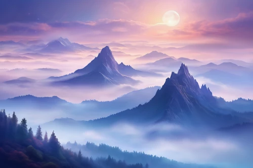 fantasy landscape,mountain landscape,mountainous landscape,landscape background,foggy landscape,mountain sunrise,mountain scene,mountain world,purple landscape,foggy mountain,mountains,fantasy picture,mountainous landforms,world digital painting,sea of clouds,high mountains,cloud mountains,the landscape of the mountains,mount scenery,high landscape,Illustration,Realistic Fantasy,Realistic Fantasy 01