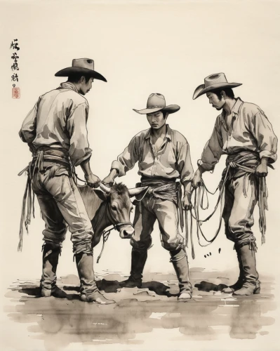 chinese art,cowboys,game illustration,pilgrims,forest workers,western riding,team penning,man and horses,farm workers,oxen,sheep shearer,dog illustration,horse herder,gaucho,fishermen,hand-drawn illustration,farmers,working animal,vintage drawing,oxcart,Illustration,Paper based,Paper Based 30