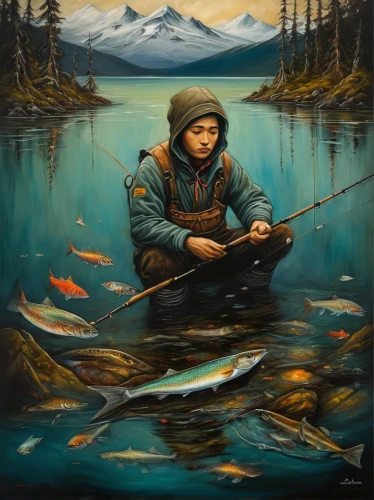 fisherman,fish-surgeon,angler,version john the fisherman,fishermen,fisher,fly fishing,monopod fisherman,fishing float,fishing,fishing classes,big-game fishing,northern pike,fjord trout,people fishing,angling,fishing camping,fishing gear,alaska,kayaker,Illustration,Realistic Fantasy,Realistic Fantasy 34