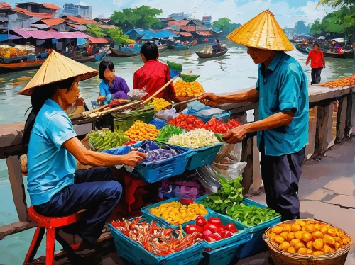 floating market,viet nam,vietnam's,hanoi,vietnam,vietnam vnd,hoian,fruit market,ha noi,vendors,mekong,nước chấm,ham ninh,southeast asia,hoi an,mì quảng,chả lụa,market,fishing village,teal blue asia,Conceptual Art,Oil color,Oil Color 07