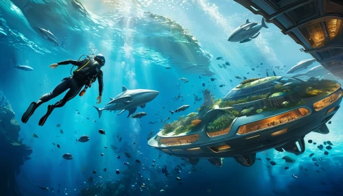 aquanaut,submersible,underwater background,underwater diving,scuba,scuba diving,aquaman,underwater playground,divemaster,sci fiction illustration,undersea,under the water,manta,under sea,atlantis,underwater world,underwater landscape,aqua studio,semi-submersible,submerged,Conceptual Art,Fantasy,Fantasy 20