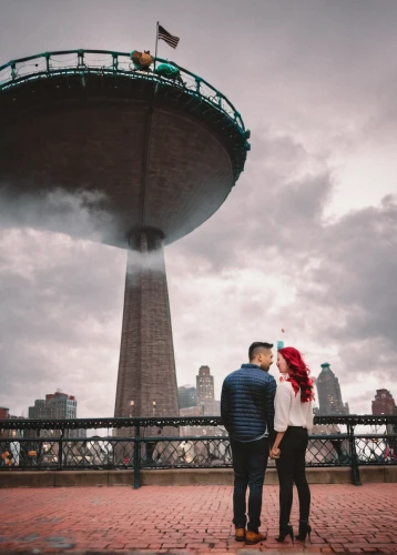 love in the mist,the observation deck,observation deck,coney island,cloud towers,proposal,battery park,watertower,man with umbrella,mushroom cloud,towering cumulus clouds observed,pre-wedding photo shoot,vintage couple silhouette,observation tower,huge umbrellas,flatiron,aerial view umbrella,tourist attraction,high tourists,water tower,Illustration,Realistic Fantasy,Realistic Fantasy 16