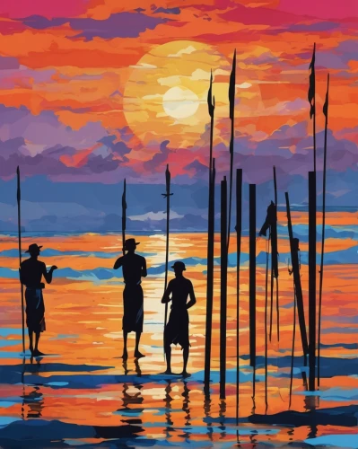 fishermen,fisherman,people fishing,oil painting on canvas,fishing float,art painting,fishing village,silhouette art,oil painting,fishing boats,painting technique,world digital painting,glass painting,sunset beach,indigenous painting,beach landscape,sunset,art silhouette,coast sunset,khokhloma painting,Illustration,Vector,Vector 07