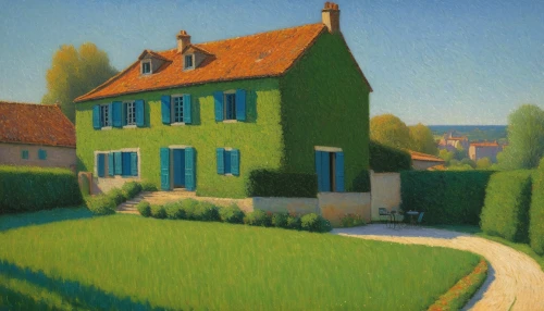 farmhouse,cottages,home landscape,basset artésien normand,house painting,cottage,farm house,village scene,escher village,grant wood,green landscape,little house,villa,moret-sur-loing,partiture,clay house,private estate,farm landscape,woman house,rural landscape,Art,Artistic Painting,Artistic Painting 48