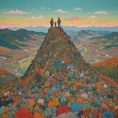 pachamama,travelers,hikers,mountain scene,summit,autumn mountains,shirakami-sanchi,pilgrims,mountain top,lori mountain,goat mountain,camel peak,rice mountain,khokhloma painting,mountain sunrise,the spirit of the mountains,rock mountain,kaleidoscope,pena de bernal,fire mountain,Illustration,Japanese style,Japanese Style 16