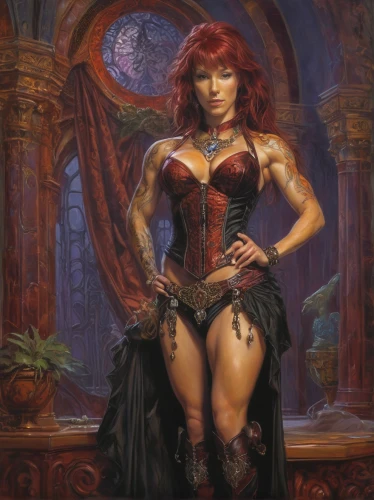 fantasy art,sorceress,celtic queen,gothic woman,gothic portrait,fantasy woman,fantasy portrait,the enchantress,corset,fantasy picture,heroic fantasy,red-haired,gothic fashion,dark angel,maiden,lady of the night,vampire woman,gothic style,barmaid,steampunk,Illustration,Realistic Fantasy,Realistic Fantasy 03