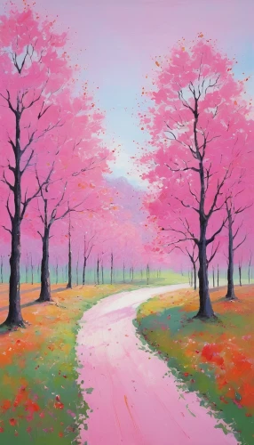 sakura trees,purple landscape,pathway,meadow in pastel,cherry trees,cherry blossom tree-lined avenue,autumn landscape,tree lined lane,maple road,tree lined path,pink dawn,forest landscape,autumn cherry blossoms,forest road,landscape background,blooming trees,pink grass,magnolia trees,cherry blossom tree,october pink,Illustration,Paper based,Paper Based 22