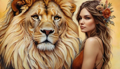 she feeds the lion,two lion,panthera leo,lionesses,lions couple,lioness,forest king lion,fantasy art,female lion,african lion,boho art,lion,zodiac sign leo,romantic portrait,fauna,art painting,fantasy portrait,tiger lily,oriental longhair,exotic animals,Illustration,Abstract Fantasy,Abstract Fantasy 11