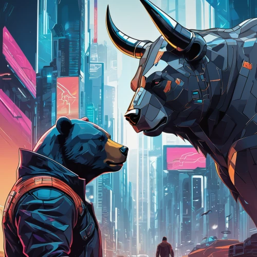 rhino,bulls,bull and terrier,cyberpunk,sci fiction illustration,bull,bison,rhinoceros,oryx,minotaur,game illustration,buffalo,two cows,black rhinoceros,would a background,nasdaq,oxen,horned cows,bullish,bear market,Conceptual Art,Sci-Fi,Sci-Fi 06