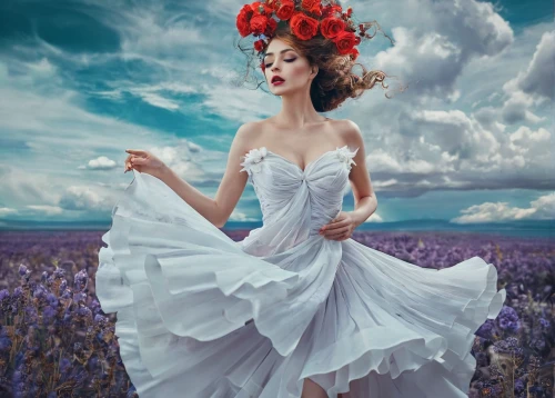 bridal clothing,bridal dress,hoopskirt,girl in flowers,flower fairy,flower girl,vintage woman,fairy queen,wedding gown,image manipulation,wedding dresses,overskirt,beautiful girl with flowers,wedding dress,photoshop manipulation,girl in a long dress,phacelia,dead bride,bridal,flamenco,Conceptual Art,Oil color,Oil Color 24