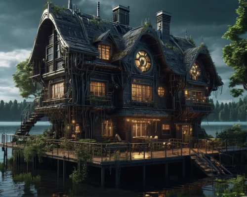 house with lake,house by the water,house in the forest,wooden house,houseboat,tree house hotel,summer cottage,witch's house,tree house,fisherman's house,beautiful home,treehouse,stilt house,cottage,log home,boat house,little house,witch house,boathouse,crooked house,Conceptual Art,Sci-Fi,Sci-Fi 09