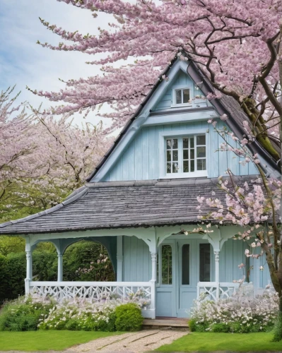 lilac arbor,country cottage,danish house,summer cottage,new england style house,wooden house,beautiful home,bungalow,garden shed,little house,small house,country house,traditional house,miniature house,house insurance,summer house,cottage,sakura trees,japanese cherry trees,sakura tree,Illustration,Abstract Fantasy,Abstract Fantasy 03