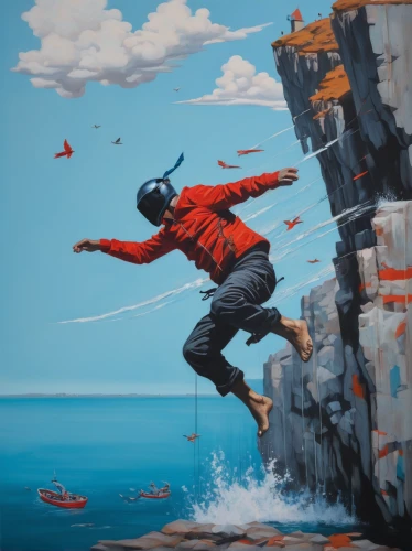 take-off of a cliff,falling objects,skydiver,parachutist,leap for joy,base jumping,leap,seafarer,man at the sea,leap of faith,flying birds,tightrope walker,leaping,parachute jumper,escape,flying penguin,falling,streetart,jumping jack,aquanaut,Illustration,Realistic Fantasy,Realistic Fantasy 24