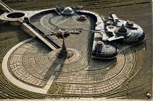 sextant,helipad,millenium falcon,roundabout,space port,mobile sundial,nazca,sundial,sun dial,transmitter,nasca,rescue helipad,helix,spacecraft,solar cell base,launch pad,hospital landing pad,earth station,moon base alpha-1,artificial island,Landscape,Landscape design,Landscape Plan,None