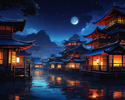 mid-autumn festival,lanterns,night scene,moonlit night,asian architecture,world digital painting,japan's three great night views,fantasy landscape,japan landscape,tsukemono,oriental,chinese lanterns,japanese background,chinese architecture,chinese art,moonlit,nightscape,chinese temple,landscape background,chinese background,Illustration,Paper based,Paper Based 03