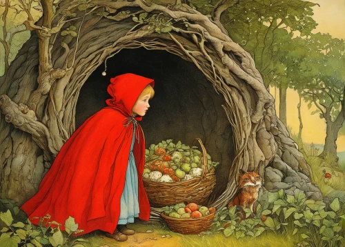 little red riding hood,red riding hood,kate greenaway,girl picking apples,children's fairy tale,girl with bread-and-butter,woman at the well,cloves schwindl inge,hans christian andersen,girl in the garden,girl with tree,fairy tales,book illustration,girl in a wreath,fairy tale character,fairy door,woman eating apple,a fairy tale,fairy tale,the pied piper of hamelin,Illustration,Retro,Retro 19