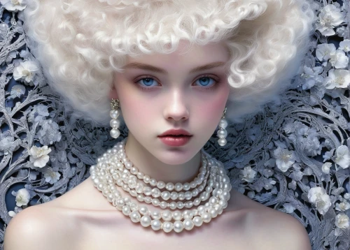 pearl necklace,pearl necklaces,white rose snow queen,pearls,white lady,white fur hat,love pearls,the snow queen,suit of the snow maiden,fantasy portrait,drusy,ice queen,bridal accessory,water pearls,porcelain dolls,victorian lady,pearl border,white swan,filigree,bridal jewelry,Illustration,Realistic Fantasy,Realistic Fantasy 05