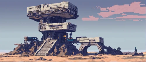 watchtower,bastion,wasteland,ruin,cellular tower,lookout tower,blockhouse,citadel,space port,animal tower,steel tower,industrial ruin,bird tower,mech,cube stilt houses,artificial island,observation tower,spacescraft,pixel art,oil rig,Unique,Pixel,Pixel 01