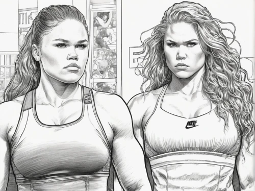 workout icons,ronda,muscle woman,strong women,pair of dumbbells,mma,ufc,facial expressions,strong woman,fitness and figure competition,two girls,expressions,biceps curl,fitnes,competing,pencil drawings,comic style,concentrical,bad girls,shakers,Illustration,Black and White,Black and White 13