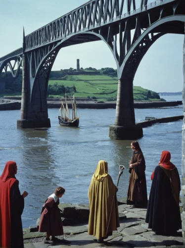 pilgrims,kilbraur,viking ships,13 august 1961,color image,vikings,waterford,wales,elbe river,to the river,1965,elbe,breton,1967,eisteddfod,moveable bridge,germanic tribes,bridge piers,viking ship,arco humber,Photography,Documentary Photography,Documentary Photography 12