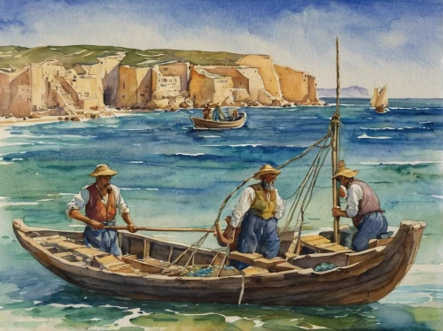 fishing boats,fishermen,small boats on sea,wooden boats,boat landscape,fishing boat,people fishing,fishing trawler,breton,boat on sea,el mar,row boats,fishing village,wooden boat,fishing cutter,rowboats,sailing boats,fisherman,boats,rowing boats,Illustration,Retro,Retro 18