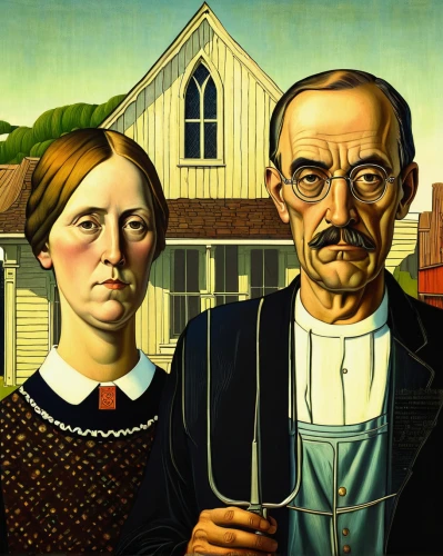 american gothic,grant wood,man and wife,david bates,grandparents,old couple,man and woman,wright brothers,two people,young couple,vintage man and woman,contemporary witnesses,mother and father,gothic portrait,church painting,as a couple,winemaker,husband and wife,hemp family,folk art,Illustration,Retro,Retro 11