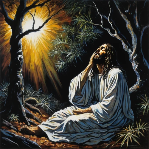 man praying,son of god,christ feast,holy forest,jesus christ and the cross,benediction of god the father,resurrection,empty tomb,boy praying,jesus figure,church painting,holyman,the good shepherd,holy supper,apostle,repent,good friday,christ child,prayer,merciful father,Illustration,Realistic Fantasy,Realistic Fantasy 33