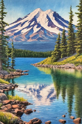 mount hood,salt meadow landscape,rainier,mount saint helens,mountain scene,mountain landscape,mt rainier,mount rainier,mount st helens,mountain lake,shasta,landscape background,high mountain lake,mount shasta,mt hood,stratovolcano,denali,painting technique,river landscape,panoramic landscape,Conceptual Art,Daily,Daily 17