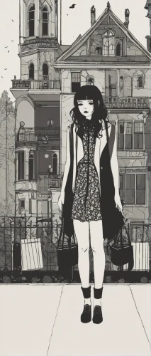 the girl at the station,girl in a historic way,camera illustration,two-point-ladybug,beatnik,travel woman,fashionable girl,a pedestrian,girl walking away,background image,book illustration,city ​​portrait,fashion illustration,animated cartoon,a girl with a camera,pedestrian,street scene,girl in a long,girl with speech bubble,cd cover,Illustration,Vector,Vector 10