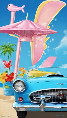 ford starliner,edsel bermuda,1959 buick,ford thunderbird,muscle car cartoon,edsel,classic car and palm trees,edsel citation,t bird,buick electra,pink car,tail fins,1955 ford,sunbeam tiger,ford galaxy,retro automobile,car hop,drive in restaurant,bobby-car,1957 chevrolet,Illustration,Japanese style,Japanese Style 19