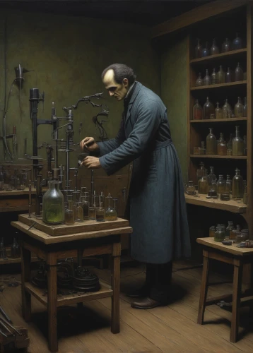 candlemaker,watchmaker,clockmaker,chemist,tinsmith,apothecary,scientific instrument,distillation,chemical laboratory,erlenmeyer,creating perfume,potter's wheel,alchemy,potions,meticulous painting,laboratory flask,laboratory,metalsmith,formula lab,gunsmith,Conceptual Art,Daily,Daily 30