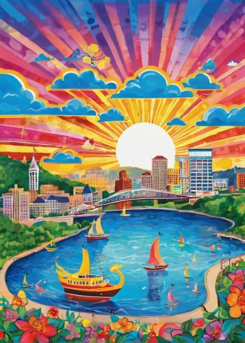 colorful city,baltimore,san diego skyline,honolulu,maryland,milwaukee,albuquerque,duluth,portland,cincinnati,delight island,rainbow bridge,hawaii,mural,saint john,massachusetts,san diego,colorful water,new england,psychedelic art,Illustration,Abstract Fantasy,Abstract Fantasy 13