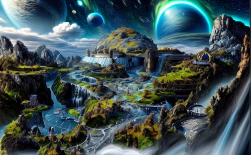 fantasy landscape,futuristic landscape,fantasy picture,alien world,fractal environment,3d fantasy,alien planet,fantasy art,virtual landscape,fairy world,terraforming,cartoon video game background,mountainous landscape,landscape background,mountainous landforms,ice planet,mountain world,karst landscape,fantasy world,green waterfall