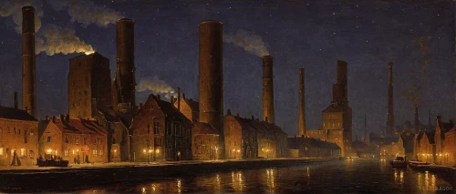 coal-fired power station,industrial landscape,factories,night scene,chimneys,valley mills,industry,factory chimney,power plant,smoke stacks,power station,industrial plant,speicherstadt,dutch mill,heavy water factory,refinery,industries,coal fired power plant,industrial smoke,powerplant,Art,Classical Oil Painting,Classical Oil Painting 06