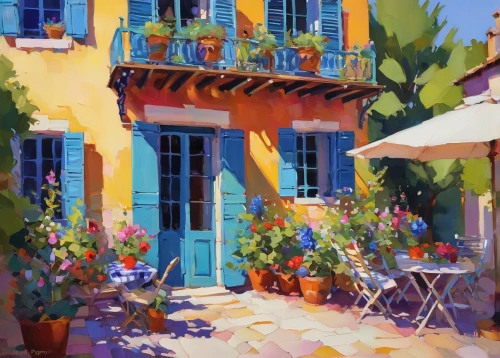 provence,provencal life,south france,south of france,watercolor cafe,france,aix-en-provence,italian painter,majorelle blue,corfu,french windows,oil painting,watercolor shops,shutters,portofino,mediterranean,blue painting,giverny,oil painting on canvas,pastel paper,Art,Classical Oil Painting,Classical Oil Painting 07