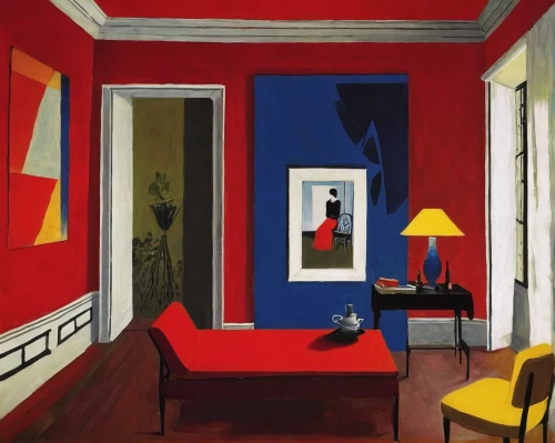 sitting room,three primary colors,mondrian,living room,livingroom,an apartment,danish room,partiture,woman sitting,blue room,modern room,interiors,dining room,contemporary,interior decor,paintings,red tablecloth,interior decoration,house painting,apartment,Conceptual Art,Sci-Fi,Sci-Fi 07