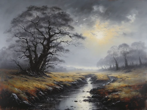 brook landscape,autumn landscape,foggy landscape,moorland,autumn fog,forest landscape,winter landscape,rural landscape,high moor,river landscape,autumn idyll,atmospheric,valley of desolation,river birch,fall landscape,oil painting on canvas,morning mist,carol colman,halloween bare trees,watercourse,Conceptual Art,Fantasy,Fantasy 29