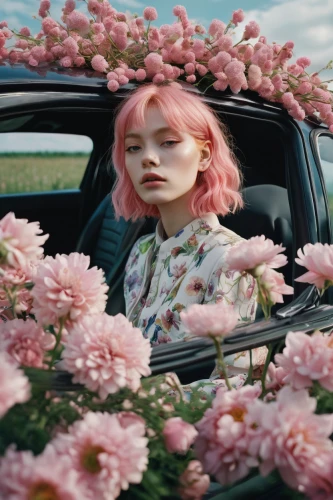 girl in flowers,flower car,girl in car,woman in the car,pink daisies,floral,pink dahlias,lily-rose melody depp,pink chrysanthemums,pink car,vintage floral,planted car,bjork,in full bloom,fiori,girl and car,flora,valerian,dahlias,drive,Photography,Fashion Photography,Fashion Photography 01