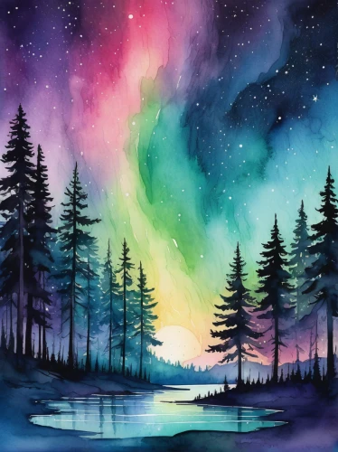 watercolor background,aurora borealis,rainbow and stars,aurora colors,northern lights,the northern lights,northen lights,aurora,auroras,northern light,colorful stars,norther lights,nothern lights,polar aurora,watercolor pine tree,borealis,unicorn background,starry sky,watercolor,aurora-falter,Art,Classical Oil Painting,Classical Oil Painting 40