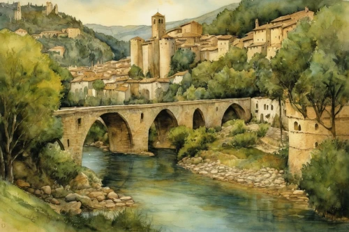 source de la sorgue,pont saint-bénézet,moustiers-sainte-marie,l'isle-sur-la-sorgue,alhambra,val bavona,pont d'avignon,river landscape,rhone,sighnaghi,italian painter,condat-sur-vézère,saint coloman,sovata,sant'angelo bridge,bovino,la rocher de la baume,pont du gard,high rhône valley,foroglio,Illustration,Realistic Fantasy,Realistic Fantasy 14