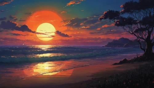 coast sunset,fantasy landscape,beach landscape,an island far away landscape,sunset,eventide,setting sun,beach scenery,landscape background,coastal landscape,sunset beach,world digital painting,sunrise,daybreak,sea landscape,sunrise beach,sunset glow,sundown,the horizon,sun and sea,Illustration,Realistic Fantasy,Realistic Fantasy 16