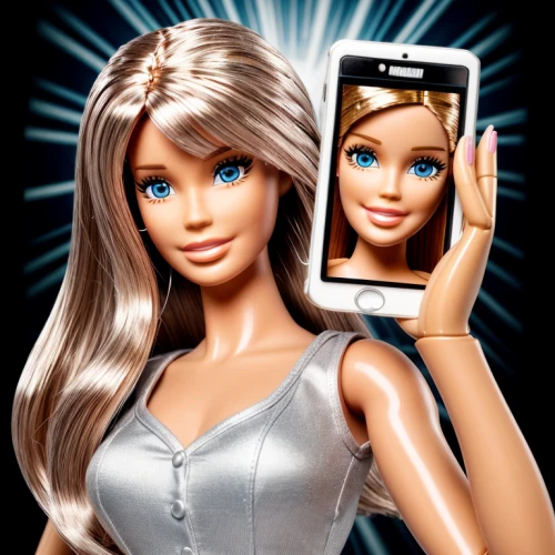 artificial hair integrations,fashion dolls,designer dolls,doll's facial features,doll looking in mirror,fashion doll,beauty salon,women in technology,virtual identity,barbie doll,collectible doll,social media icon,hairdresser,realdoll,doll figures,social,hairstylist,hairstyler,plastic model,smart phone